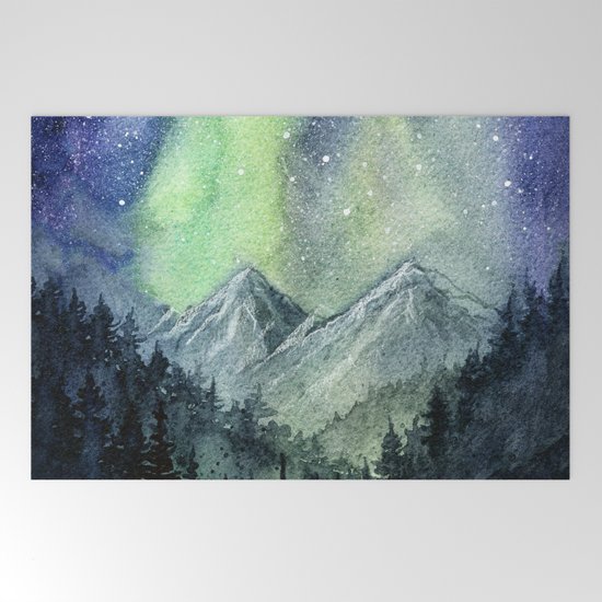 Northern Lights Magic Mountains Welcome Mat By Olechka Society6