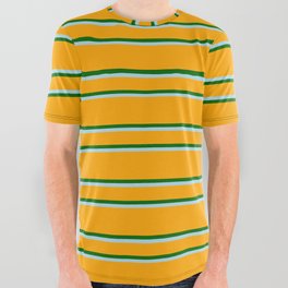 [ Thumbnail: Orange, Dark Green & Light Blue Colored Lined Pattern All Over Graphic Tee ]