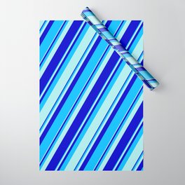 [ Thumbnail: Turquoise, Blue, and Deep Sky Blue Colored Pattern of Stripes Wrapping Paper ]