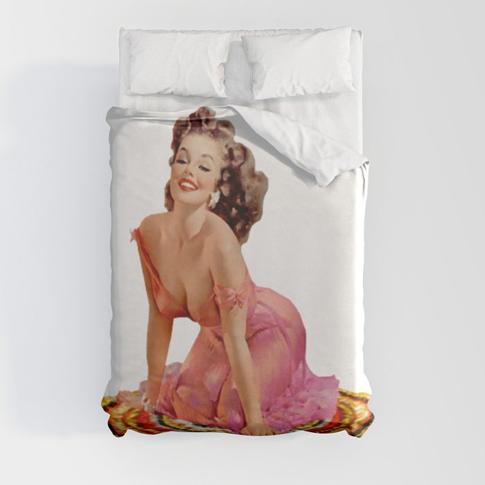 Brunette Pin Up With Pink Dress on Colorful Rug Duvet Cover
