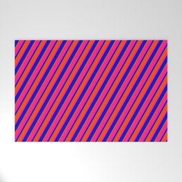 [ Thumbnail: Red, Deep Pink & Blue Colored Pattern of Stripes Welcome Mat ]