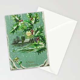 Merry Christmas Vintage Holiday Greeting Card, Snow, Birds Stationery Card