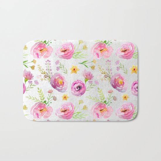 Delicate Poppy Pattern On White Background Bath Mat