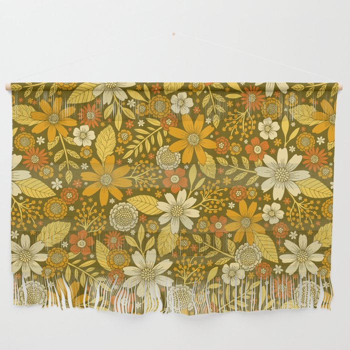 1970s Retro Flowers Pattern in Yellow, Orange & Olive Green Wall Hanging