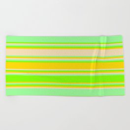 [ Thumbnail: Green, Chartreuse, Yellow & Tan Colored Stripes/Lines Pattern Beach Towel ]