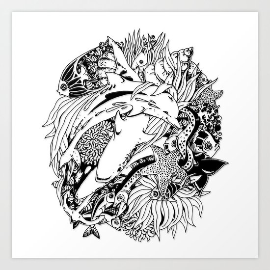 Sea Animals Surreal Doodle Art Art Print