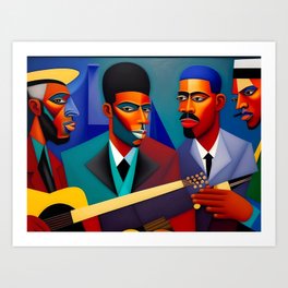 The blues men, No. 2; African American musical cubist blues portrait still life painting Art Print
