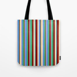 [ Thumbnail: Beige, Cornflower Blue, Sea Green, and Dark Red Colored Lines/Stripes Pattern Tote Bag ]