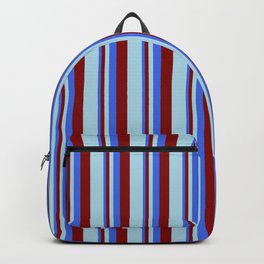 [ Thumbnail: Royal Blue, Maroon, and Light Blue Colored Lines Pattern Backpack ]