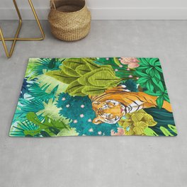 Jungle Tiger | Modern Bohemian Colorful Forest | Tropical Botanical Nature Watercolor Painting Area & Throw Rug