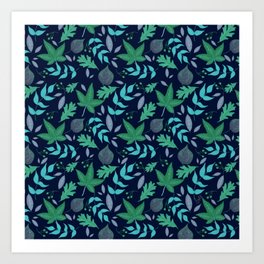 Autumn Vibes Green on Blue Art Print