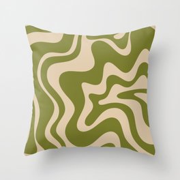 Retro Liquid Swirl Abstract Pattern in Mid Mod Olive Green and Beige Throw Pillow