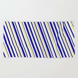 [ Thumbnail: Blue, Tan & Mint Cream Colored Lined Pattern Beach Towel ]