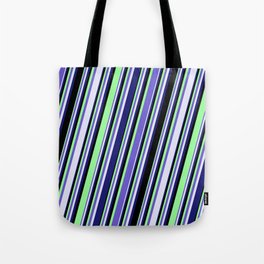 [ Thumbnail: Slate Blue, Lavender, Midnight Blue, Black & Green Colored Lines/Stripes Pattern Tote Bag ]