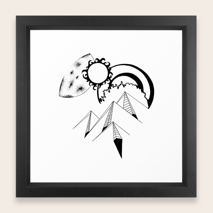 Wanderlust Pen And Ink Drawing Mountains Moon Sun Ocean Waves Framed Art Print By Treelovergirl Society6