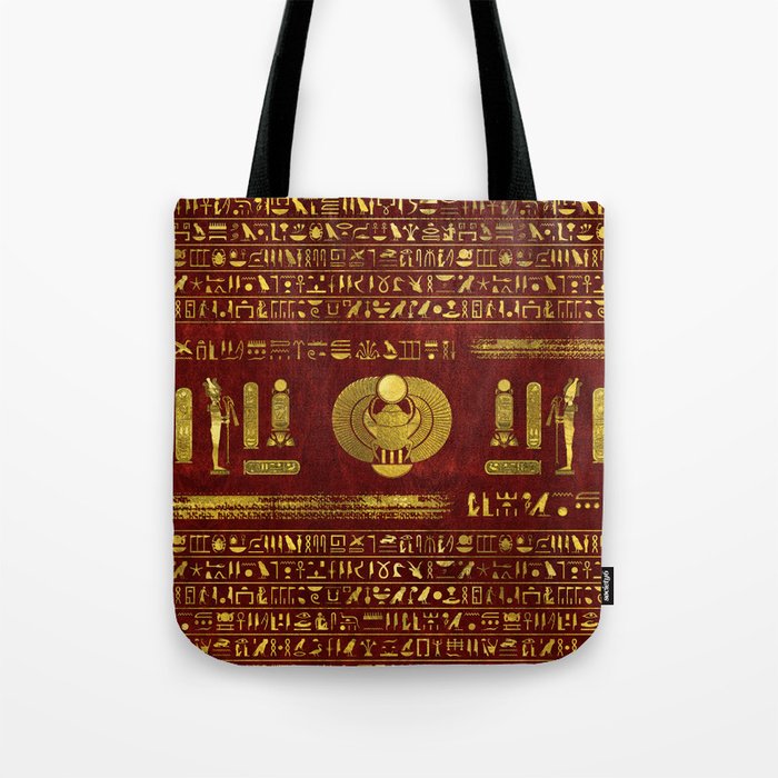Golden Egyptian Scarab on red leather Tote Bag