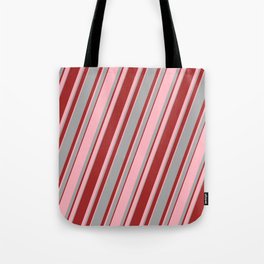 [ Thumbnail: Dark Grey, Brown & Light Pink Colored Lined Pattern Tote Bag ]