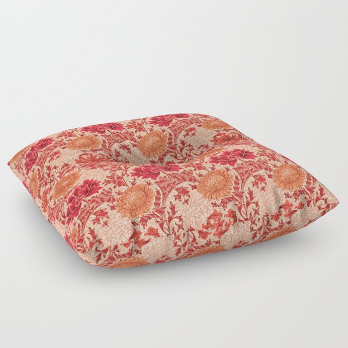 William Morris Chrysanthemums, Coral Orange Floor Pillow