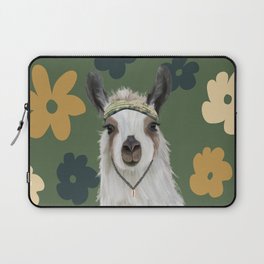 Boho Llama on Retro Pattern Background - Green Laptop Sleeve