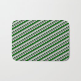 [ Thumbnail: Dark Green, Gray, and Grey Colored Stripes/Lines Pattern Bath Mat ]