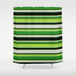 [ Thumbnail: Green, Light Gray, Forest Green, and Black Colored Stripes Pattern Shower Curtain ]
