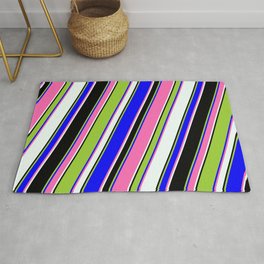 [ Thumbnail: Eye-catching Green, Blue, Hot Pink, Mint Cream & Black Colored Pattern of Stripes Rug ]