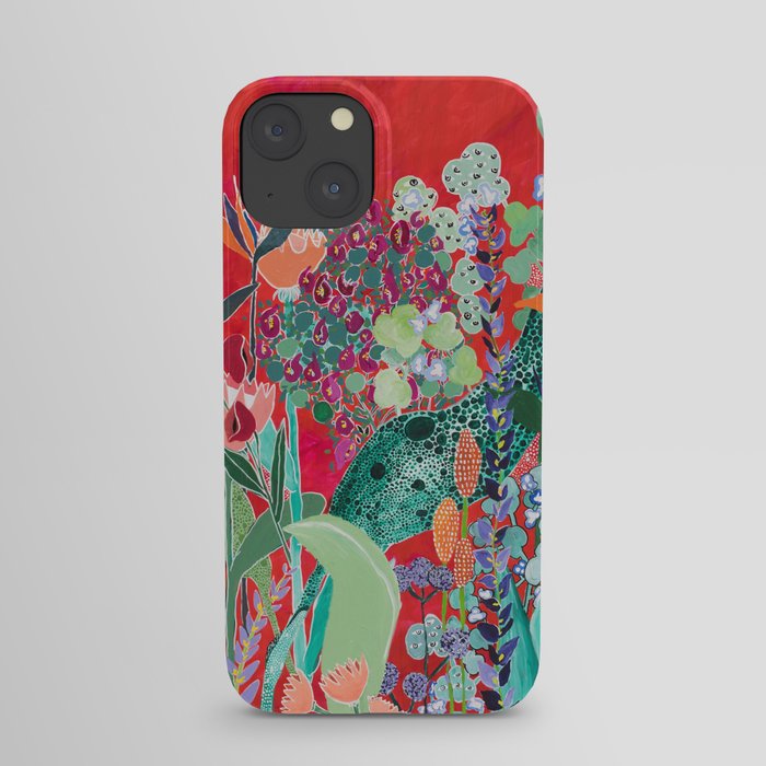 Floral Jungle on Red with Proteas, Eucalyptus and Birds of Paradise iPhone Case