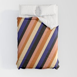[ Thumbnail: Eye-catching Black, Dark Salmon, Chocolate, Beige, and Midnight Blue Colored Striped Pattern Comforter ]