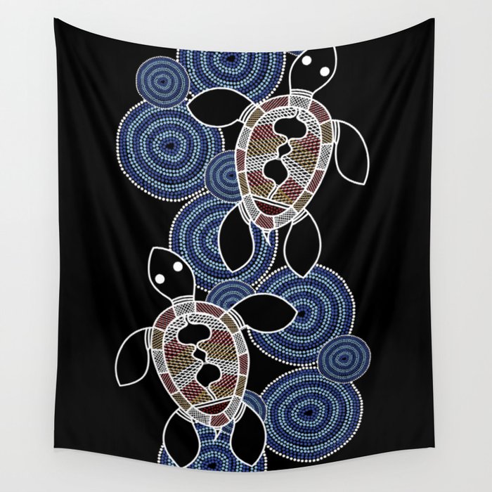 Authentic Aboriginal Art Sea Turtles 2 Wall Tapestry by Hogarth