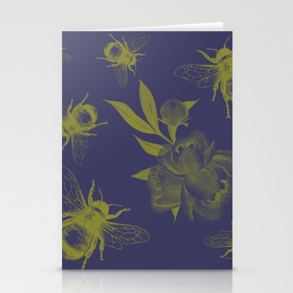 Floral Bumble Bee Print Blue & Yellow Stationery Cards