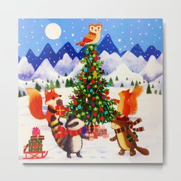 Festive Christmas Mountain Woodland Animal Family Metal Print