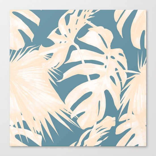 Palm Leaves Citrus on Deep Ocean Blue Canvas Print