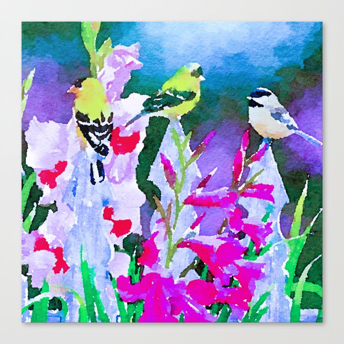 Hand Painted Pink Lilac Green Watercolor Floral Birds Canvas Print