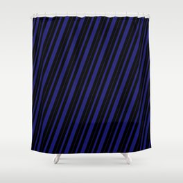 [ Thumbnail: Black & Midnight Blue Colored Striped Pattern Shower Curtain ]