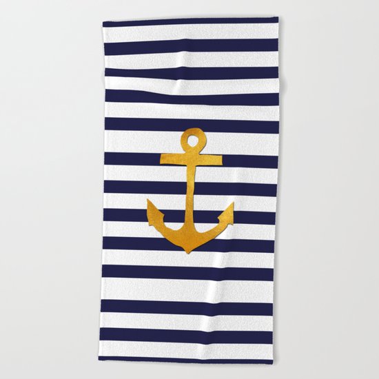 Marine pattern- blue white striped with golden anchor Beach Towel