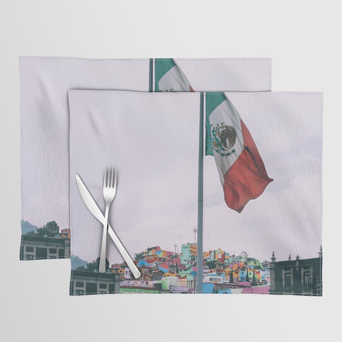Mexico Photography - The Mexican Flag In Front Of A Colorful City Placemat