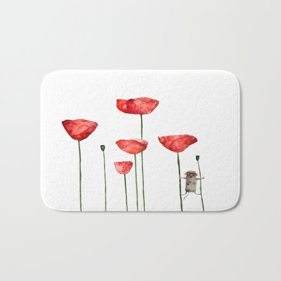 Mouse and poppies - Watercolor illustration Animal + Poppy Flower #Society6 Bath Mat