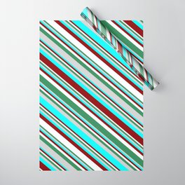 [ Thumbnail: Eyecatching Sea Green, Light Grey, Cyan, Dark Red, and White Colored Lines Pattern Wrapping Paper ]