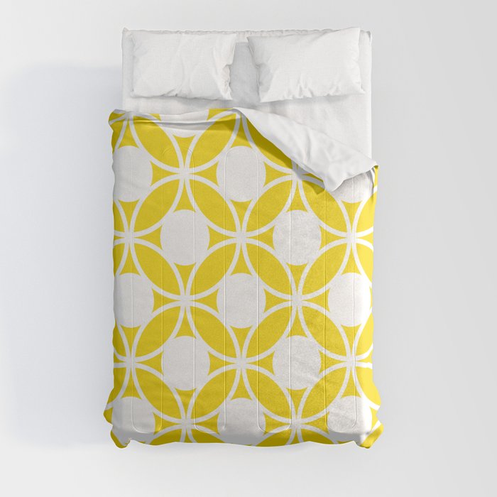 Geometric Floral Circles Summer Sun Shine White on Bright Yellow Comforter