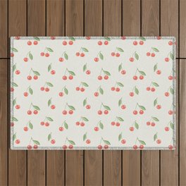 Fresh Hand-painted Acrylic Cherries, Cherry Fruit Cottage Pattern in Light Ivory, Red and Green Outdoor Rug