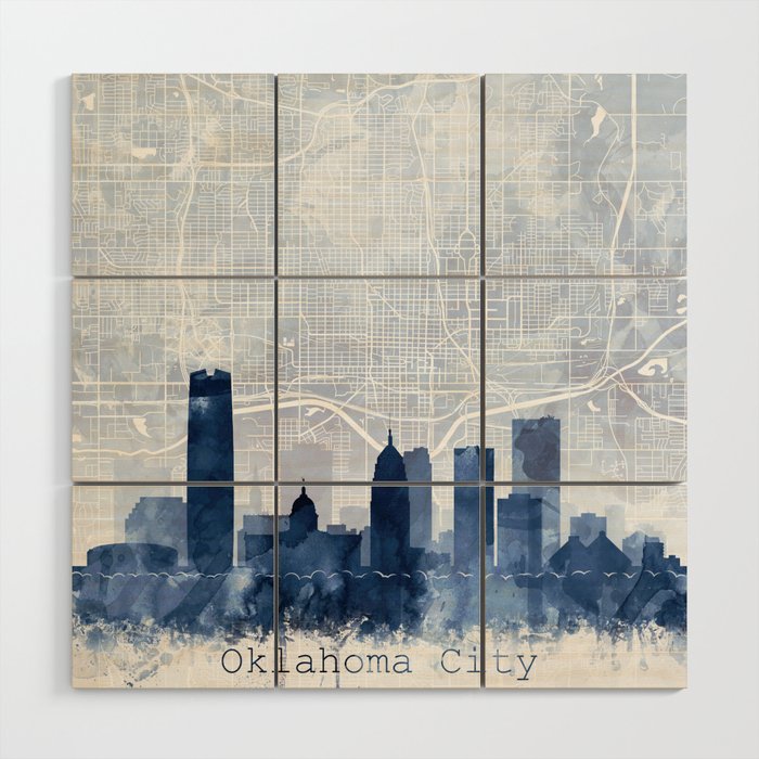 Oklahoma City Skyline & Map Watercolor Navy Blue Print by Zouzounio Art Wood Wall Art