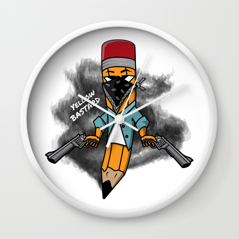 Gangsta Pencil With Guns Illustration Yellow Pen With Bandana Mask On Face Criminal T Shirt Print Wall Clock By Milatoo Society6