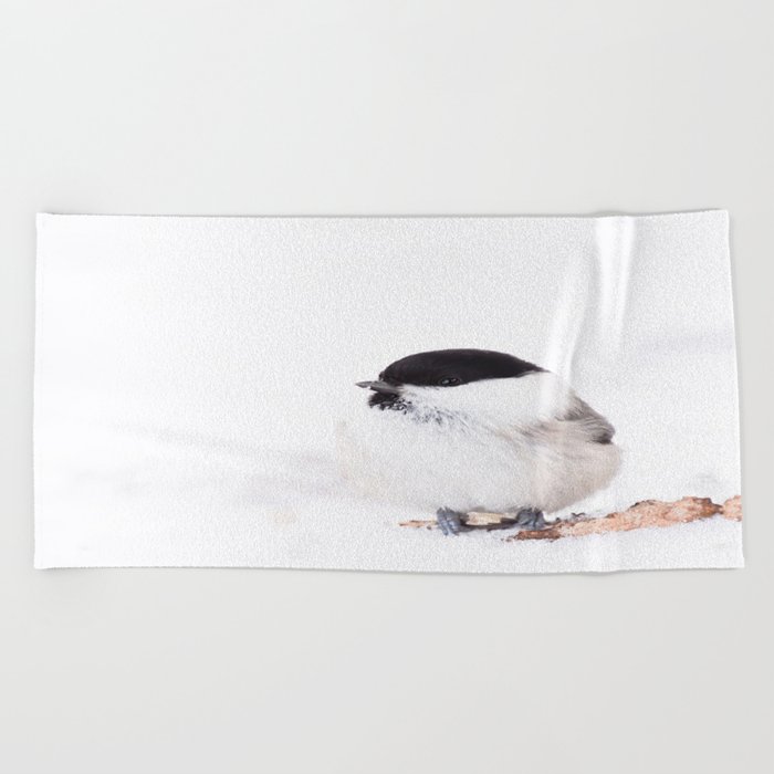 Cute Willow Tit sitting in the snow #decor #society6 #buyart Beach Towel