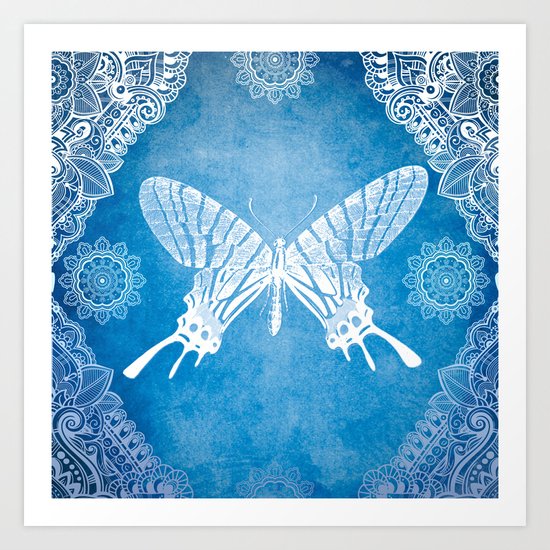 Bohemian Ornamental Butterfly Deep Blue Ombre Art Print