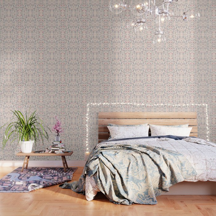 Botanical spring pattern with red dots Wallpaper
