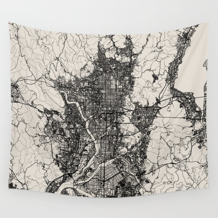 Japan KYOTO - City Map - Black and White Wall Tapestry