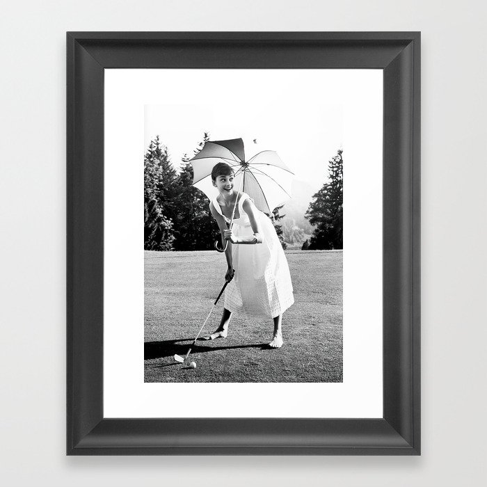 Audrey Hepburn Playing Golf, Black and White Vintage Art Framed Art Print