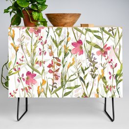 Hand Painted Blush And Pink Watercolor Midsummer Wildflowers Meadow Credenza