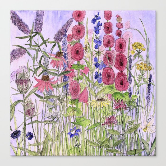 Watercolor Wildflower Garden Flowers Hollyhock Teasel ...