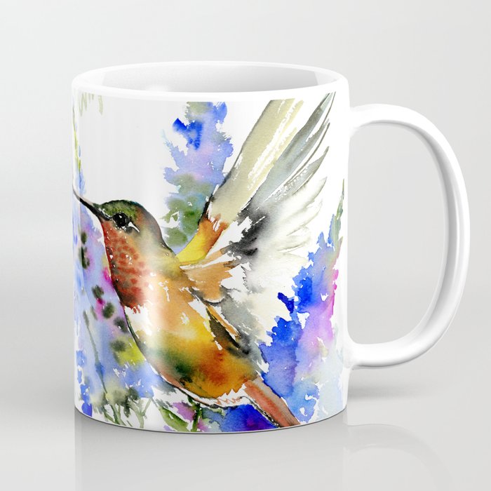 Alen's Hummingbird and Blue Flowers, floral bird design birds, watercolor floral bird art Coffee Mug